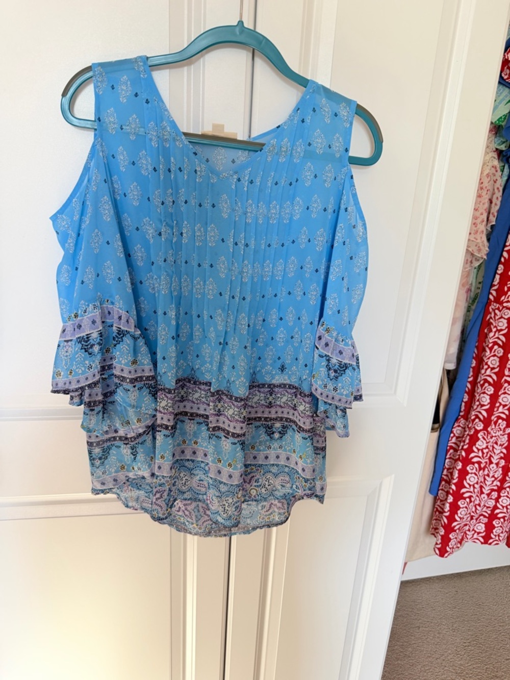 Style & Co. Sky Blue Cold-Shoulder Boho Blouse with Lavender Border Print
